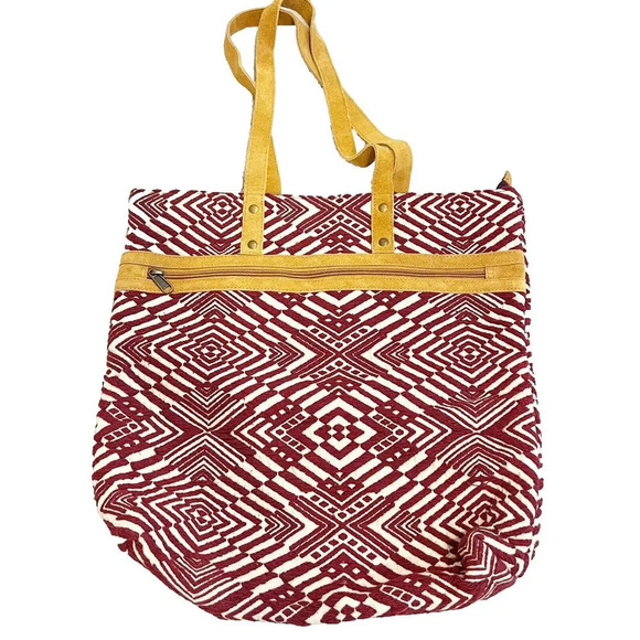 Boho Tote Bag Maroon Woven Ethnic Pockets Geometric Shoulder Leather Straps - Picture 1 of 14